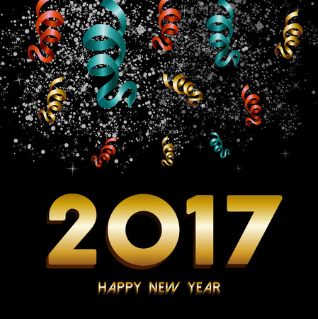 63255649 - happy new year 2017 greeting card, gold text with night sky firework and confetti explosion background. vector.
